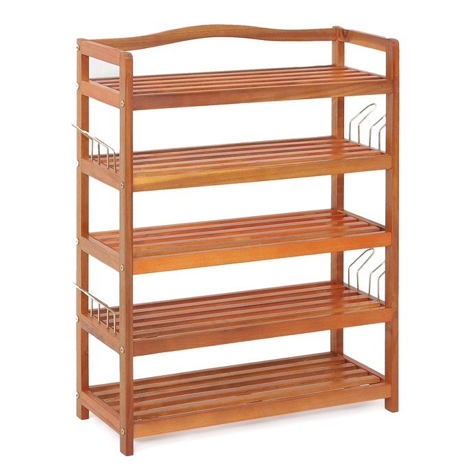 2-Tier Acacia Wood Shoe Rack with 4 Side Metal Hooks