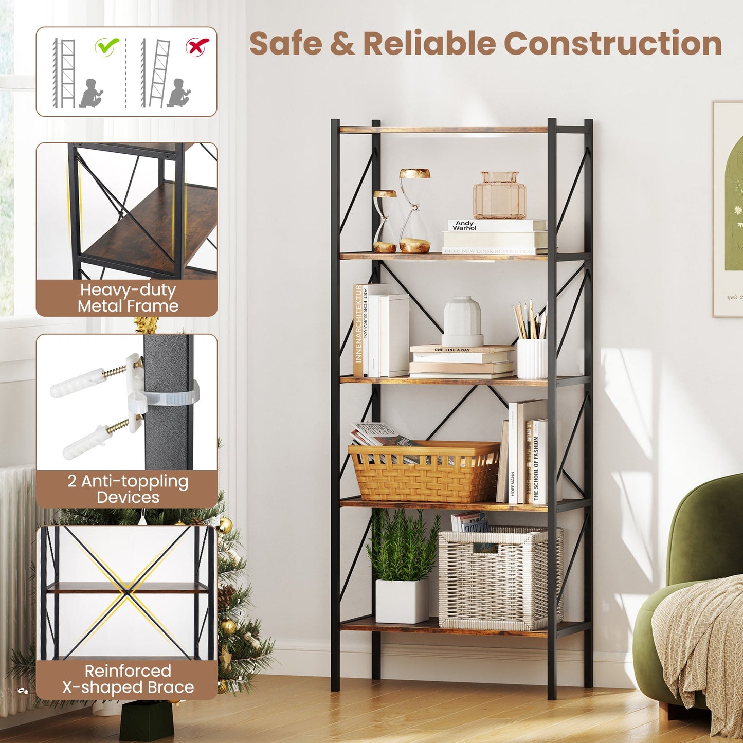 5-Tier Bookshelf with Open Shelves and Heavy Duty Metal Frame