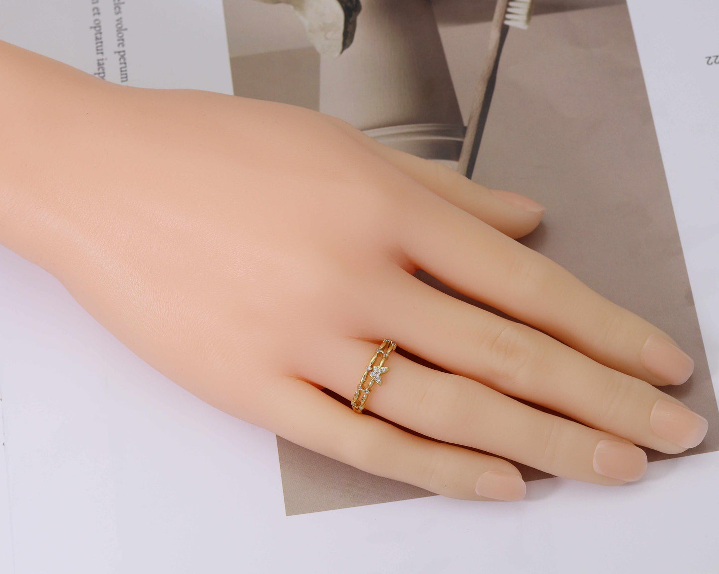 Clear CZ Gold Butterfly Thin Stackable Ring, Sku#LK738