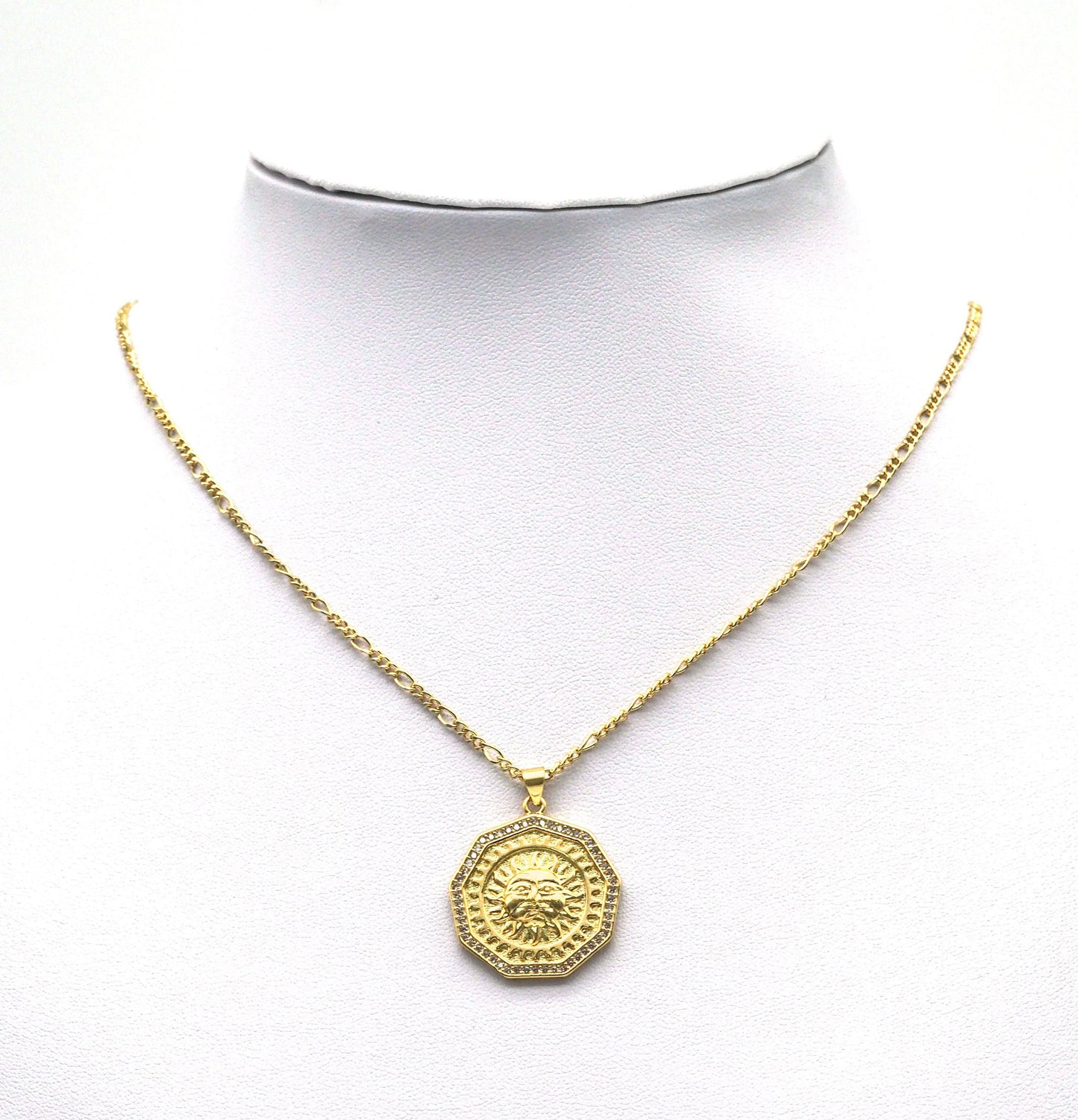 Gold CZ Embossed Sunflower On Polygon Charm, Sku#LK683