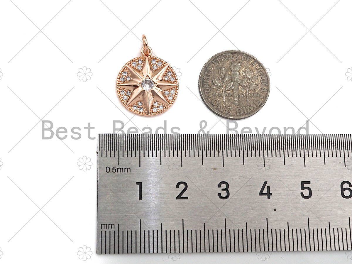 CZ Micro Pave North Star On Round Coin Pendant Charm, Bracelet Necklace CZ Star Pendant Charm, Silver/Gold /Rose Gold Tone,15x18mm,Sku#Y385