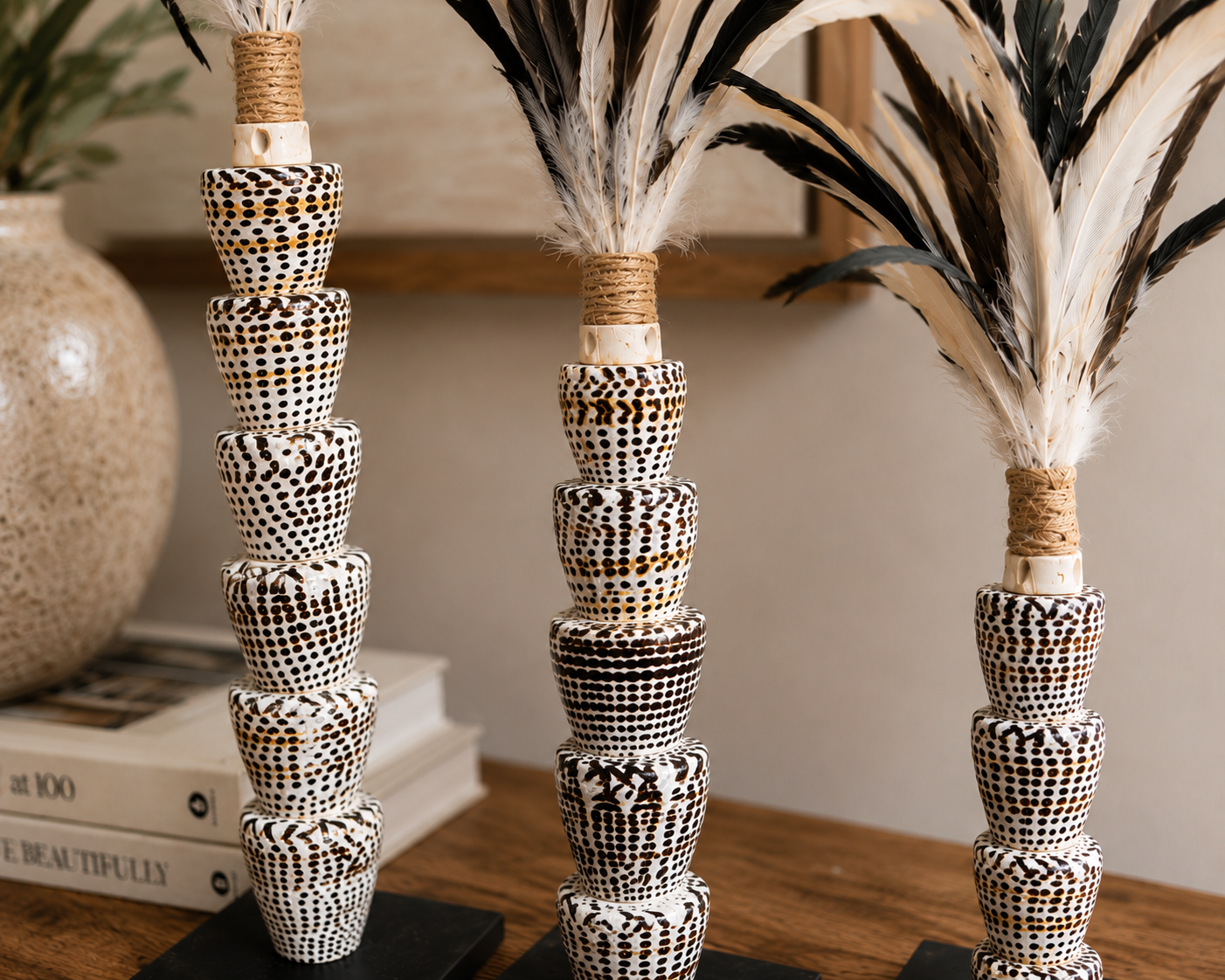 Snail Shell Stack w/Feathers Set/3 pcs