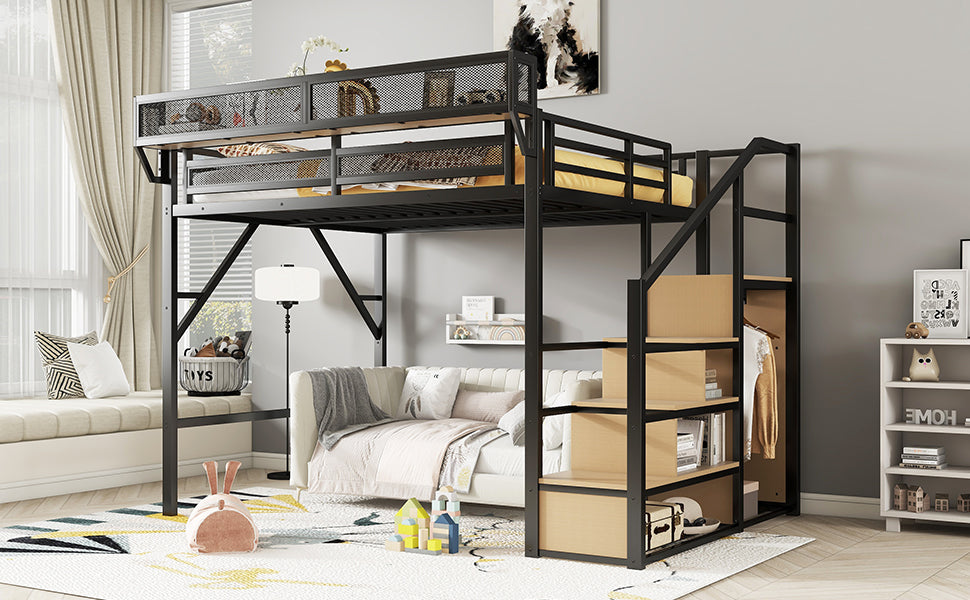 Queen Size Loft Bed with Stairs and Storage Shelves