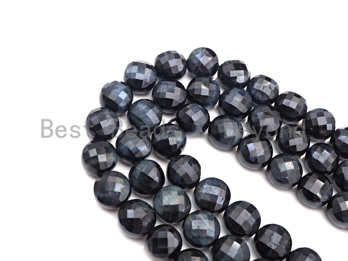 High Quality Natural Double Sided Turtle Shell Cut Blue Tiger Eye Coin Shape beads,10mm Checkerboard Cut Beads, 15.5" Full strand, Sku#UA86