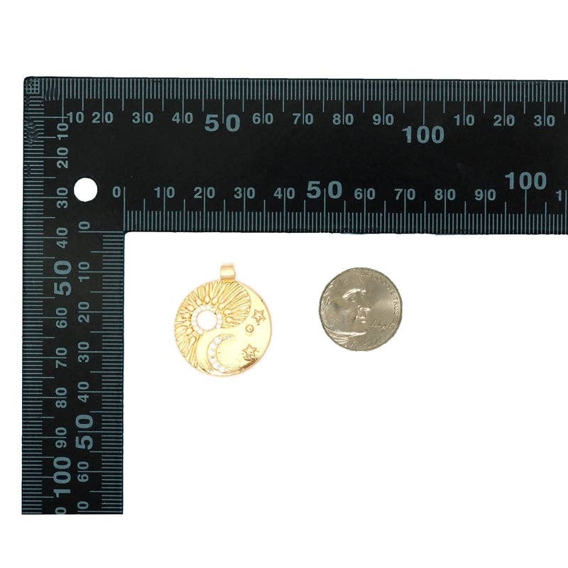 CZ Gold Cresent Moon Star Taiji Round Charm, Sku#LK788