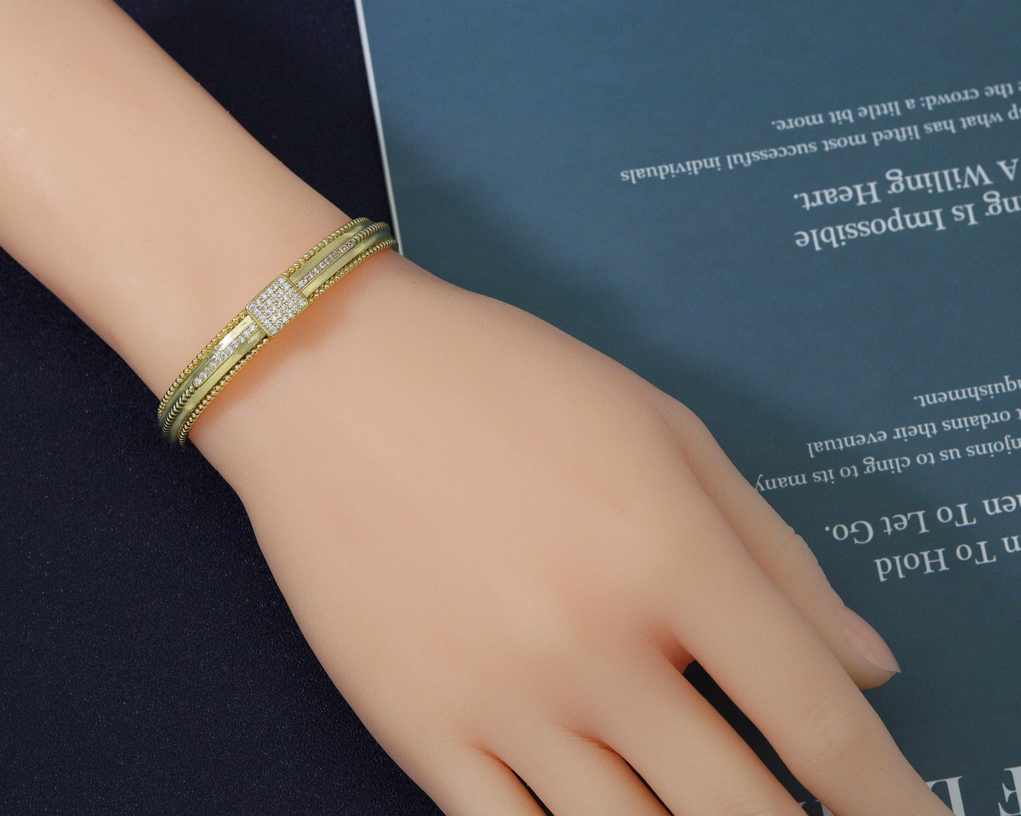 CZ Middle Line Gold Open Cuff Bracelet, Sku#B155