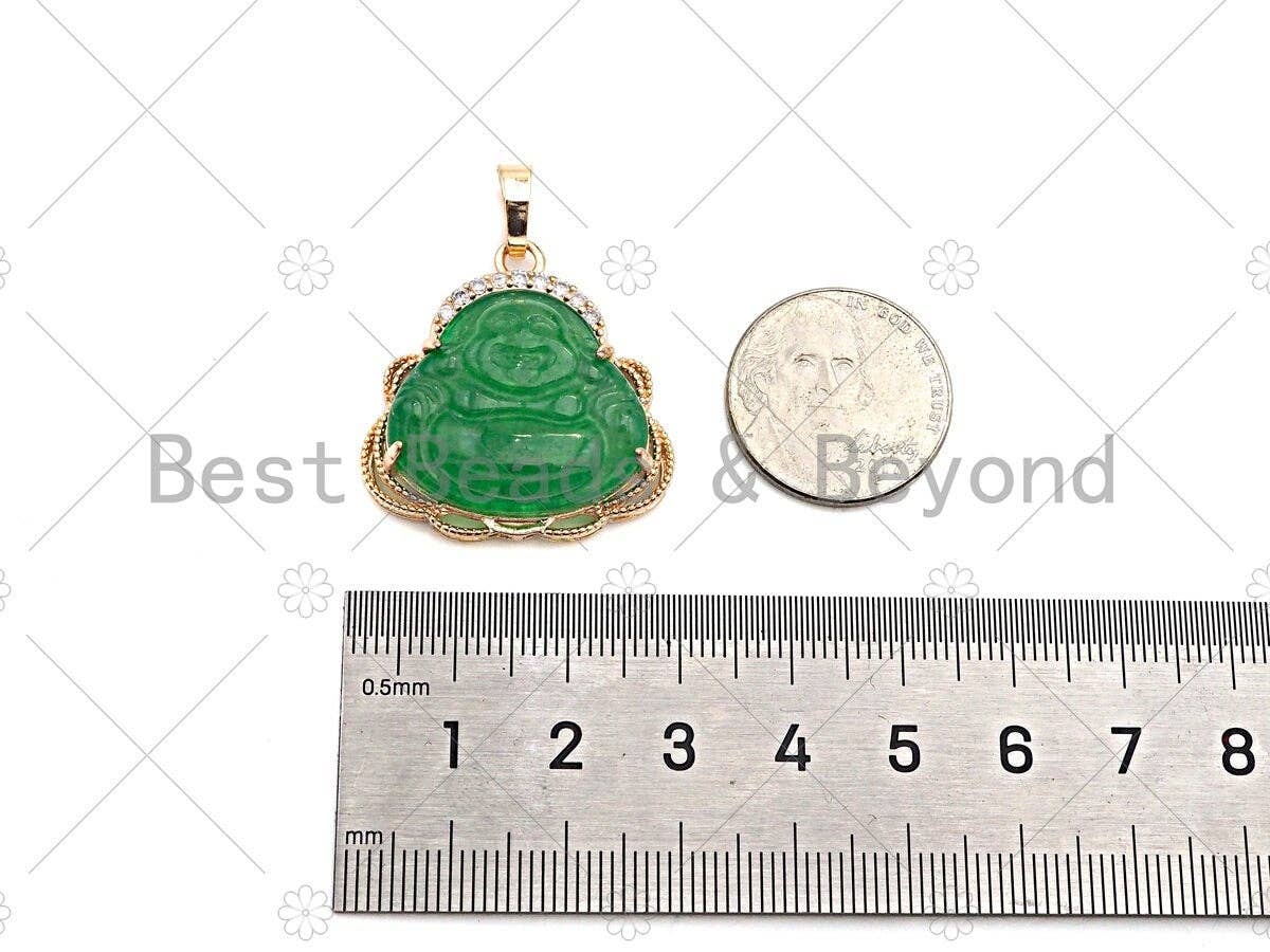 Green Jade Laughting Buddha CZ Pendant, Religious Buddhism Dainty Gold Pendant, Jadite Necklace Bracelet Pendant Charm,29x28mm, Sku#U1153