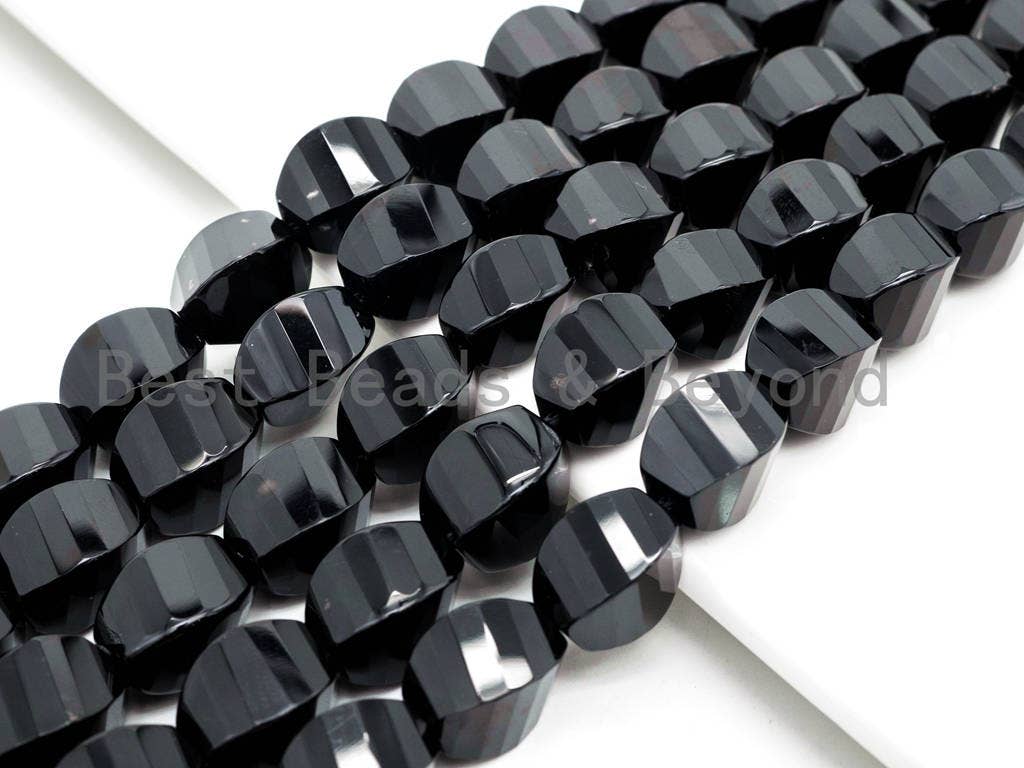 High Quality 6x12/8x12/8x16/ 10x14/10x20mm Faceted Twist Black Onyx Stones Gemstones Beads, Black Beads, 15.5" Full Strand, SKU#Q22