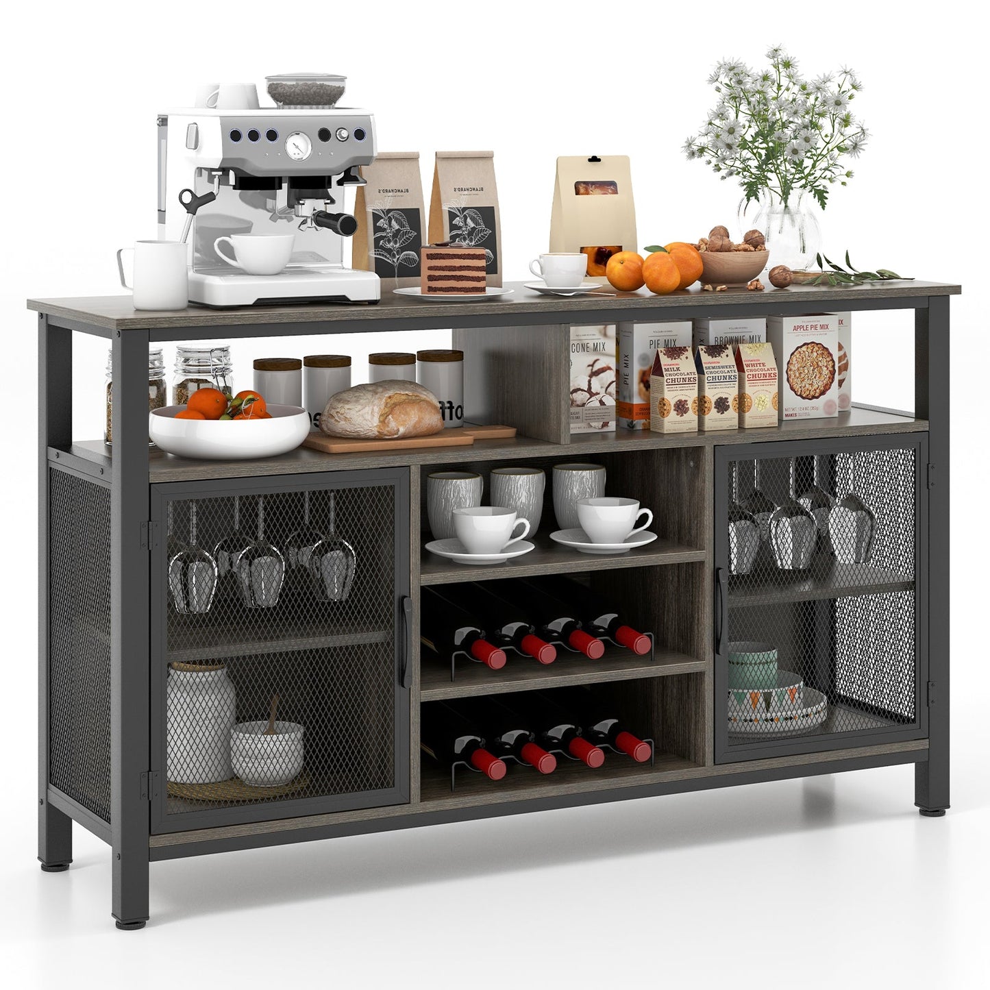 55-Inch Buffet Sideboard with 8-Bottle Wine Racks and Wine Glass Holders
