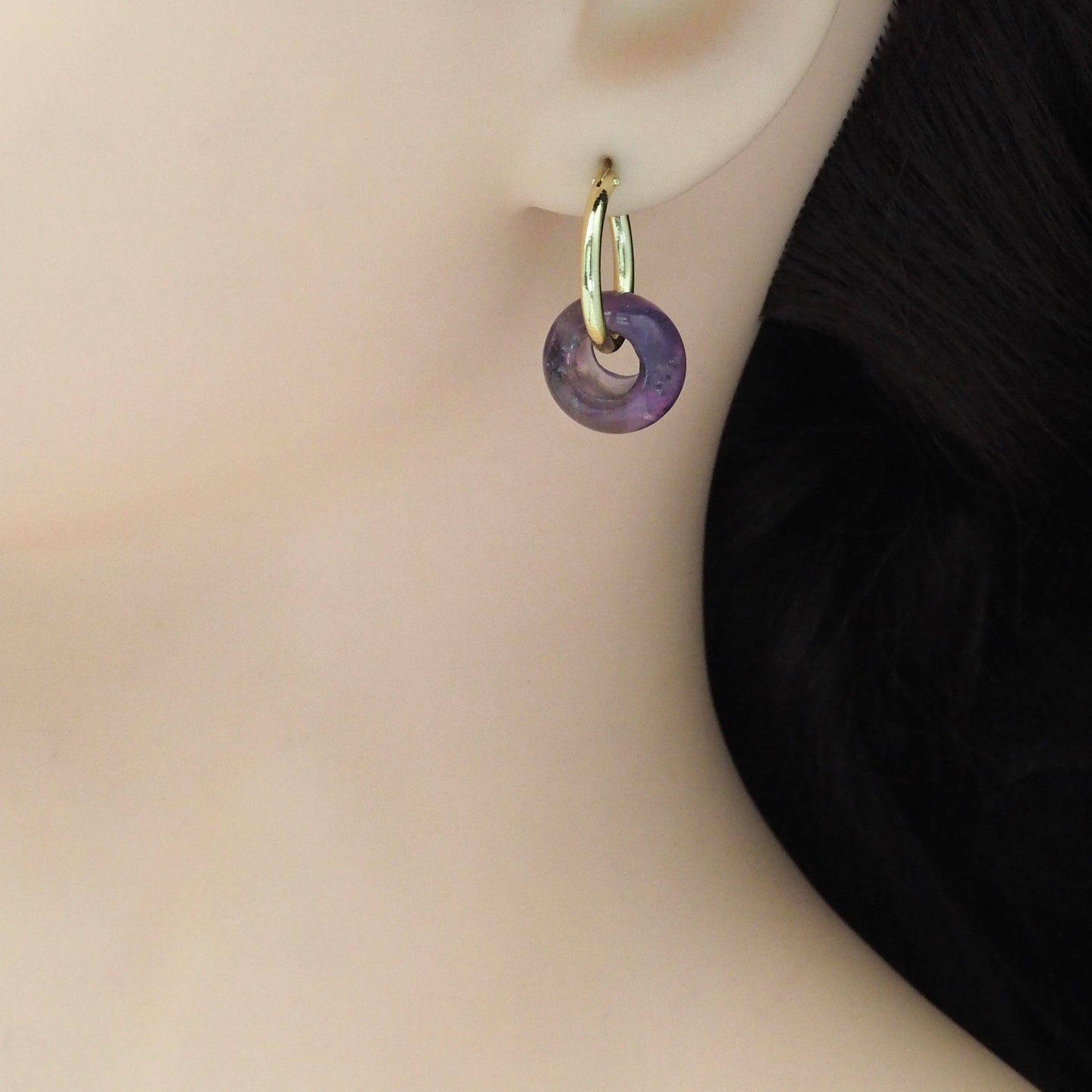 Green White Purple Gemstone Donut Ring Hoop Earrings, EF470