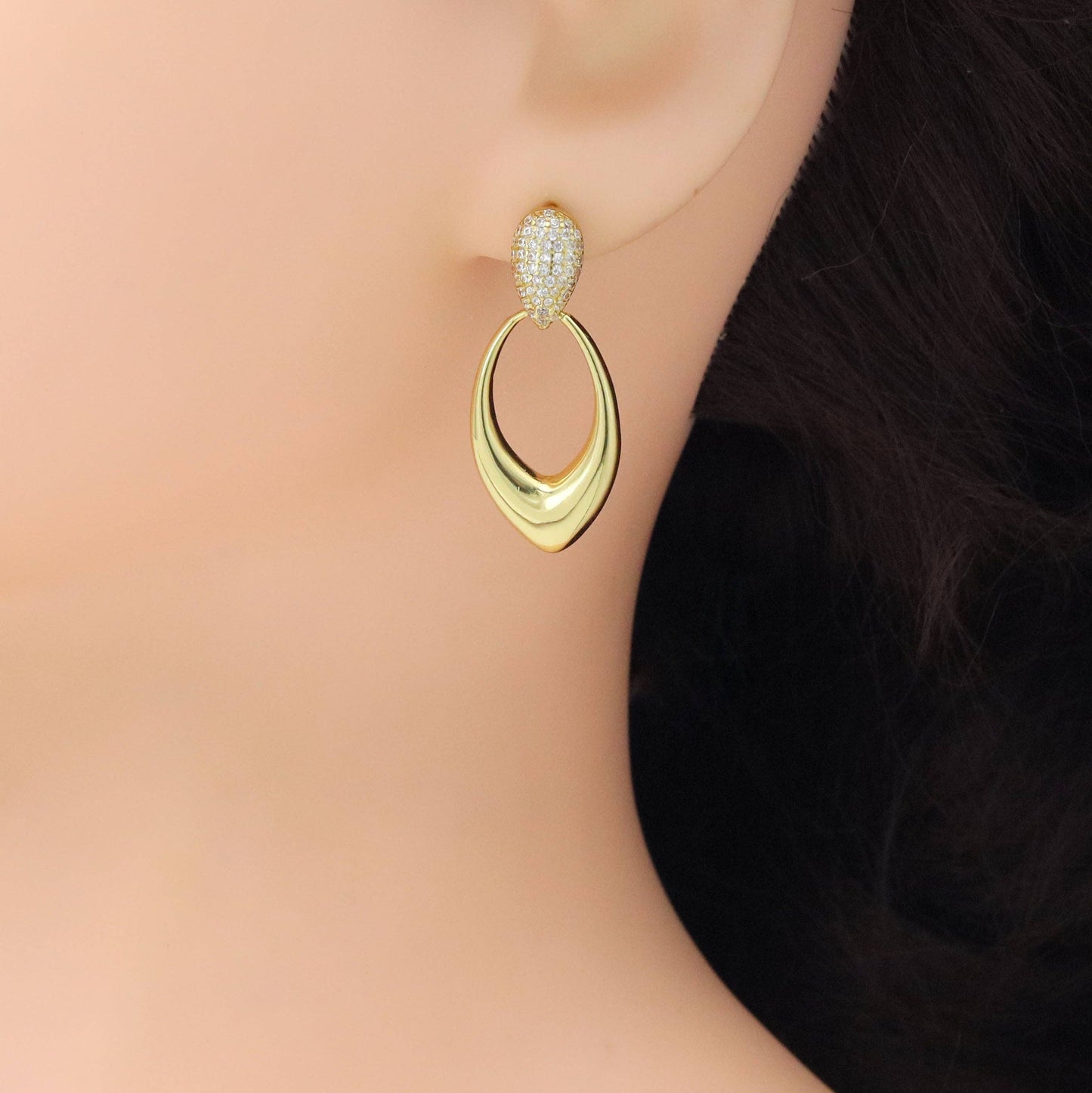 Gold Silver Clear CZ Teardrop Shape Earrings, Sku#A343
