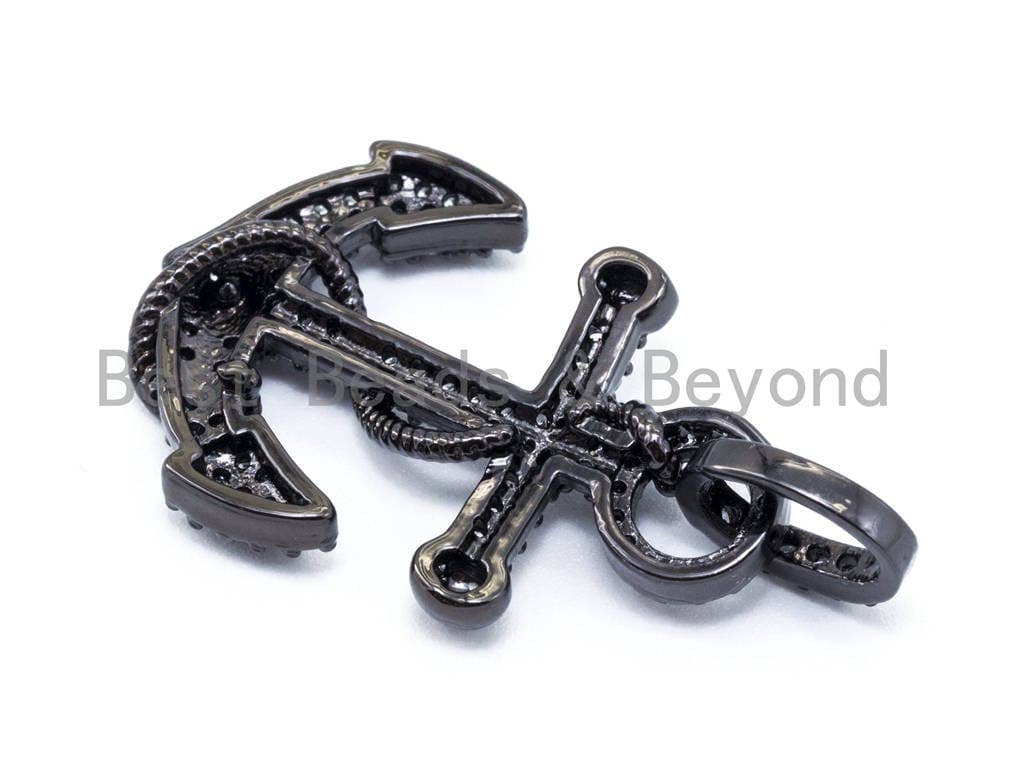 CZ Clear Micro Pave 37x21mm Anchor Pendant, Cubic Zirconia Pave Pendant/Charm in Gold/Gunmetal/Silver Finish, Men's Jewelry Finding, sku#F99