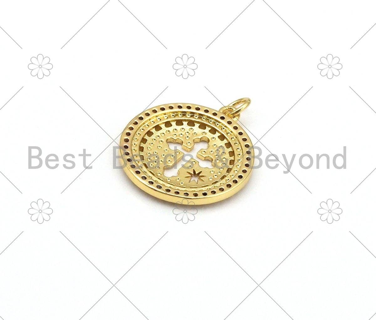 CZ Micro Pave Hollow Out Cross On Round Shape Pendant,18K Gold Filled Medallion Charm, Necklace Bracelet Charm Pendant, 23x20mm,Sku#LK416