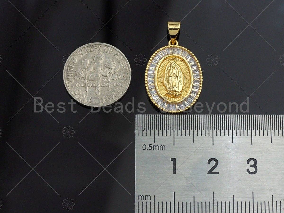 18K Gold Virgin Mary On Oval Emblem Shape Pendant, Oval Charm, Virgin Mary Pave Pendant, Dainty Gold Charm,21x15mm, Sku#F1155