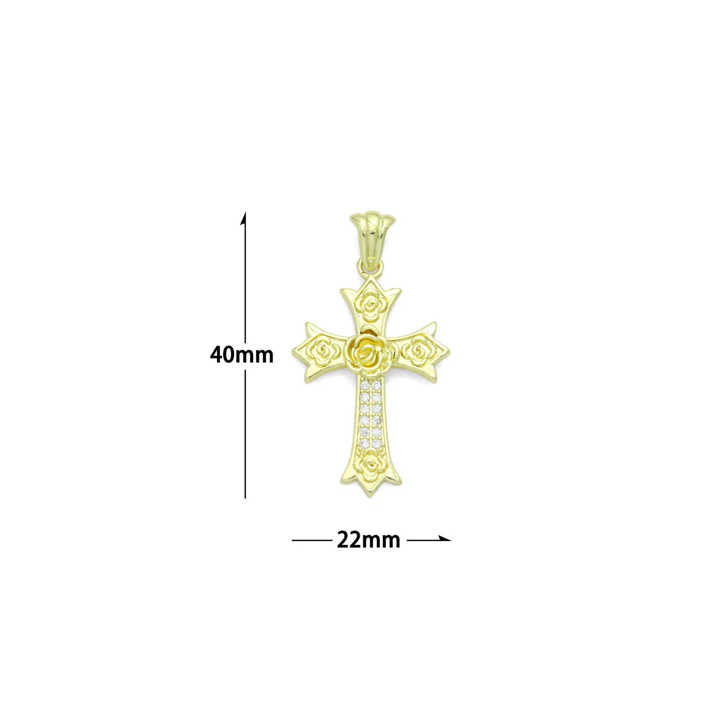 CZ Gold Flower On Cross Charm Pendant, Sku#LK1195