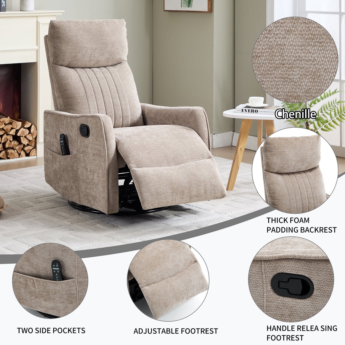 Khaki Heat Massage Manual Recliner Chair
