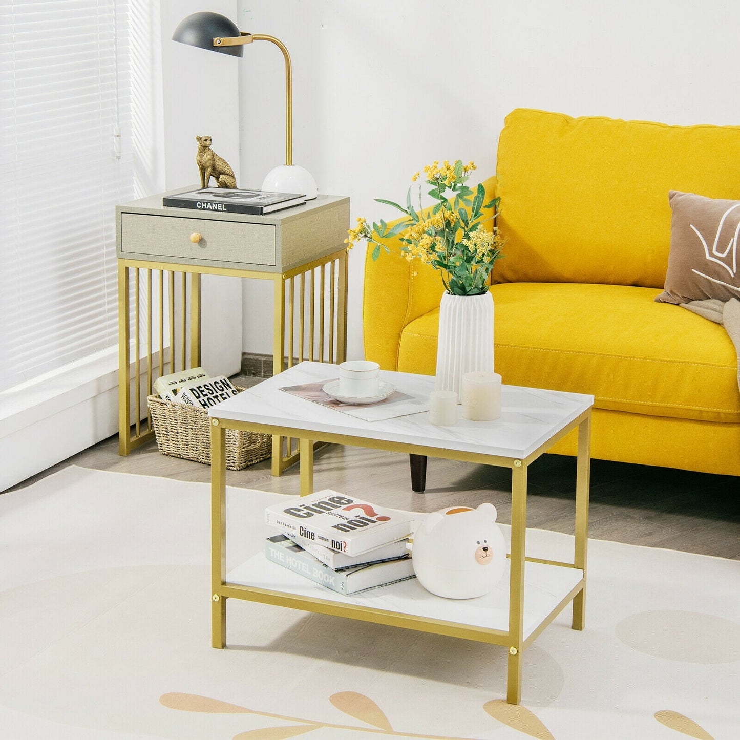 2 Pieces Modern Nesting Coffee Table Set with Drawer and Shelf-White