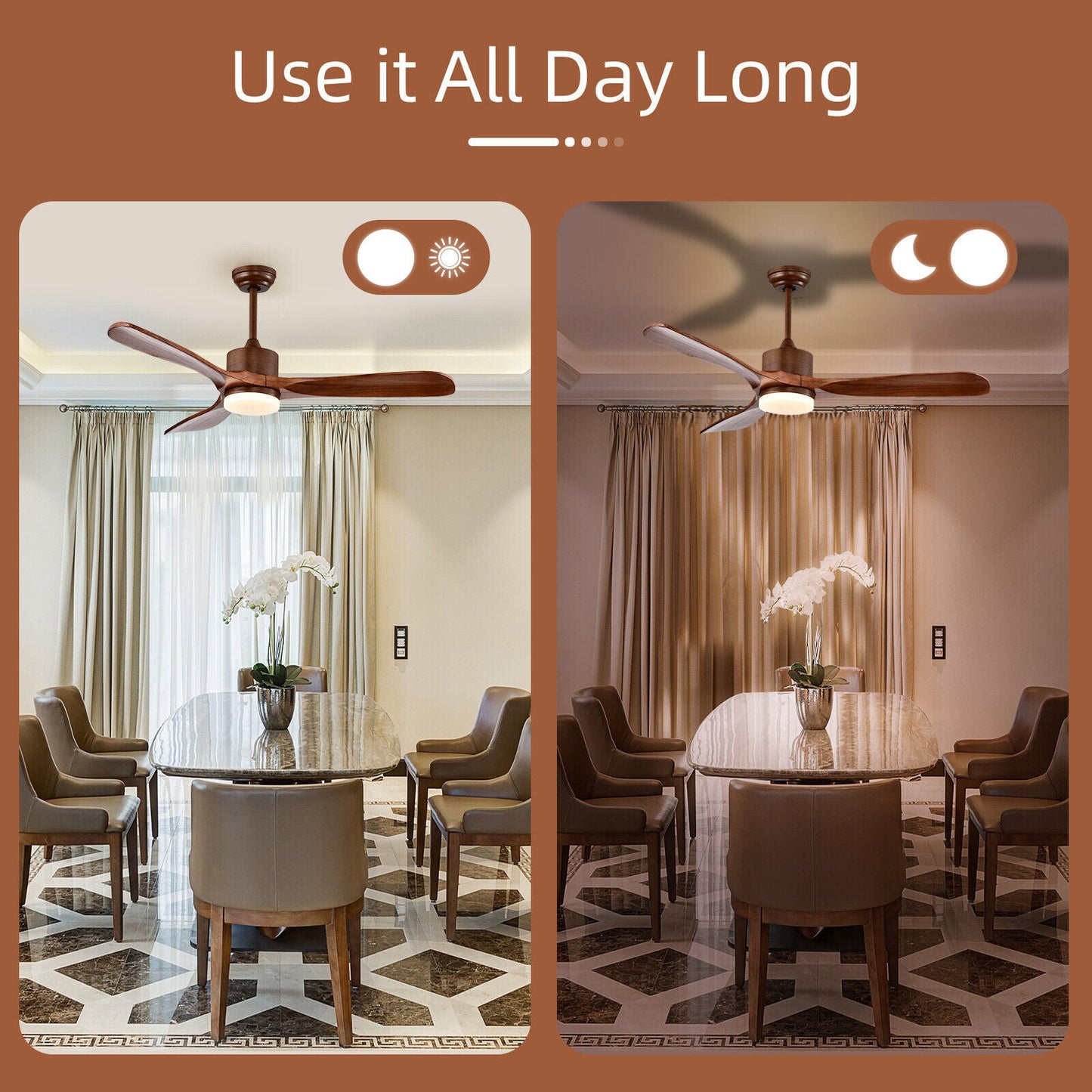 52 Inch Reversible Ceiling Fan with LED Light and Adjustable Temperature