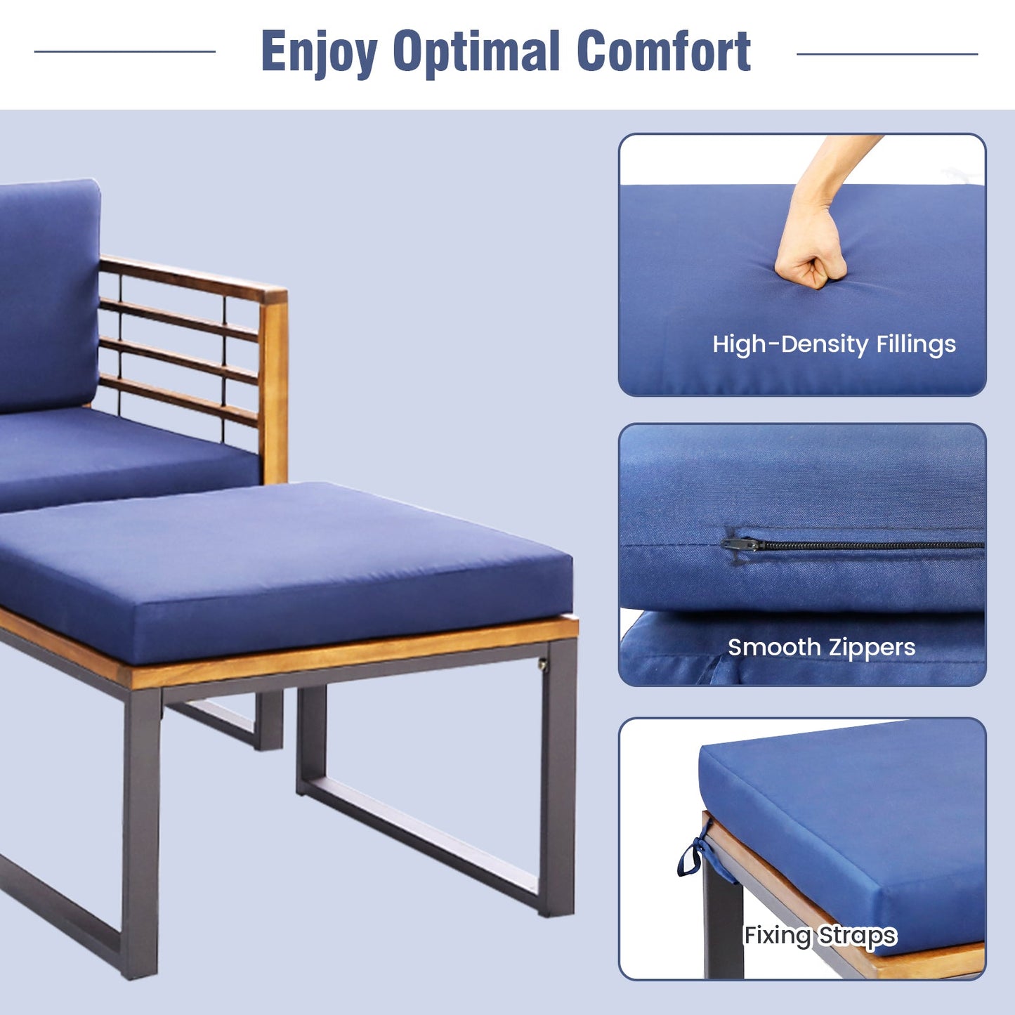 5 Piece Patio Acacia Wood Chair Set with Ottomans and Coffee Table-Navy