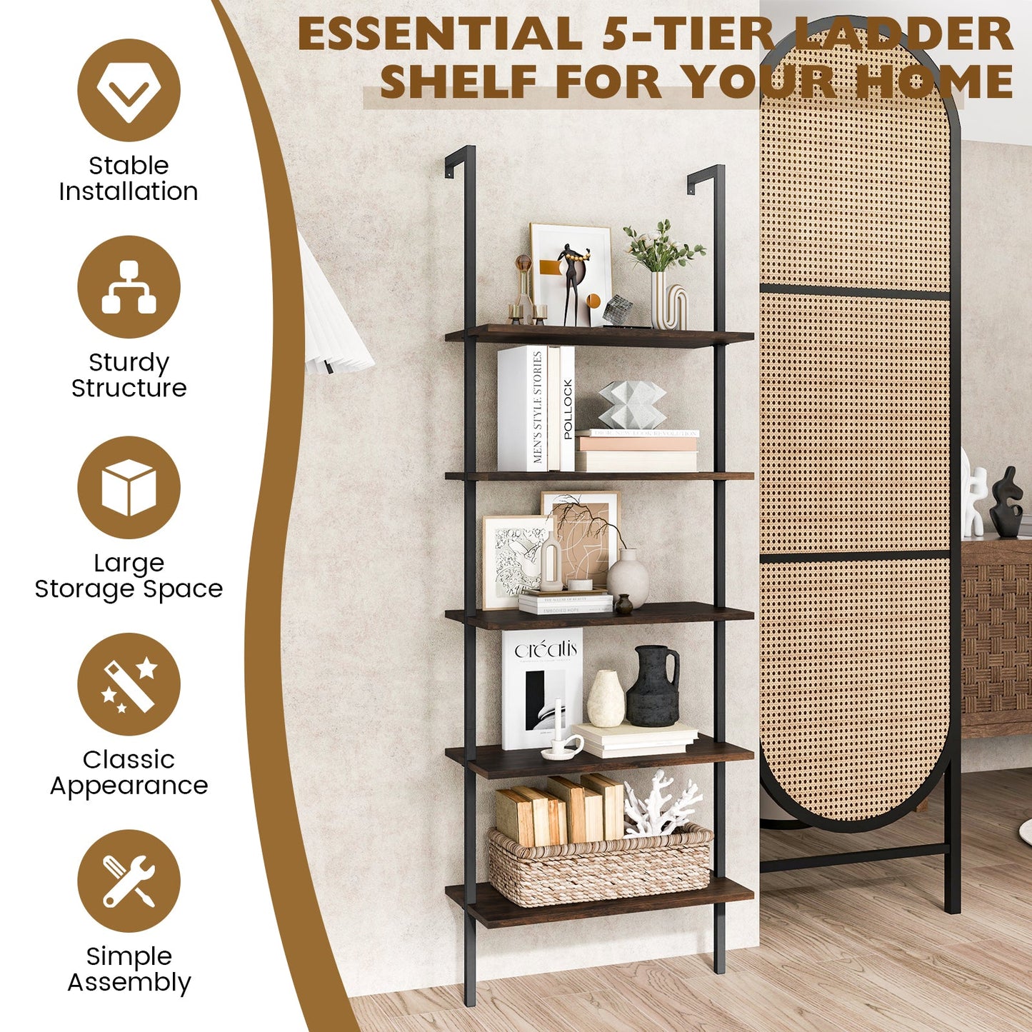 5 Tier Ladder Shelf Wall-Mounted Bookcase with Steel Frame-Brown