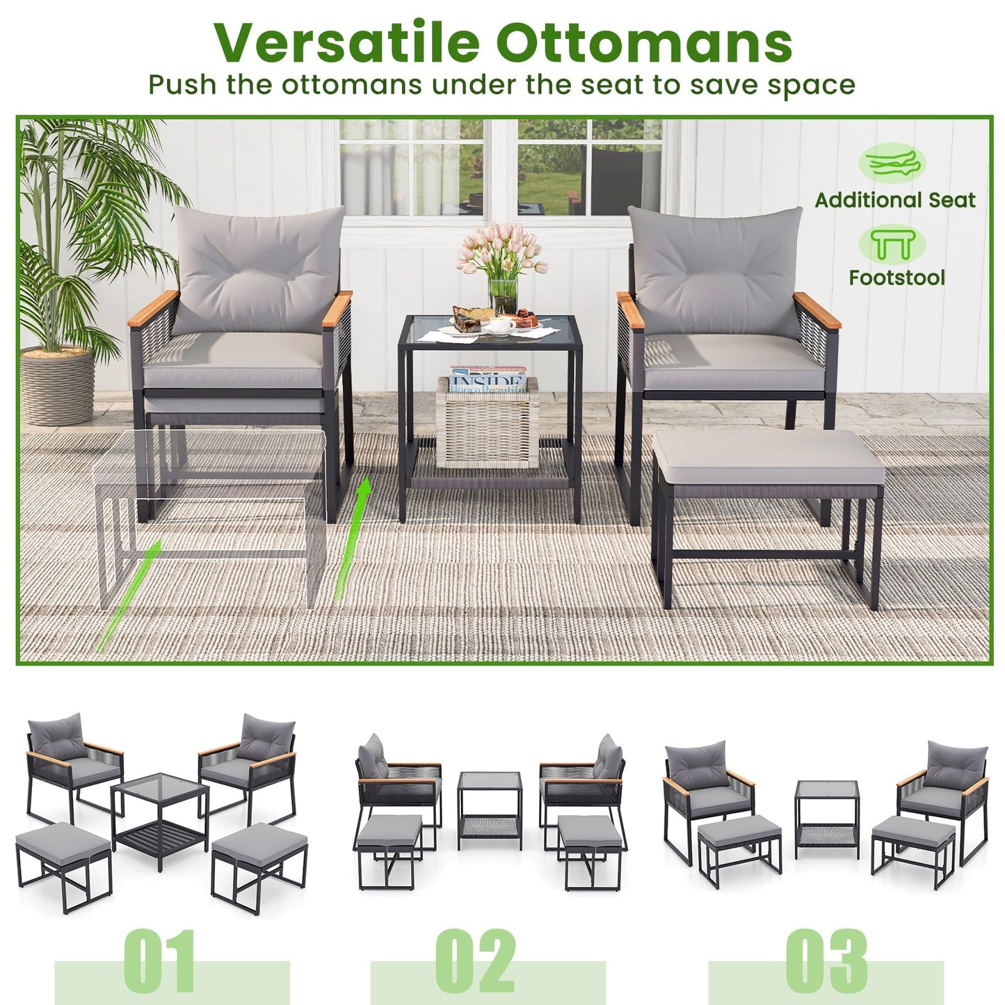 5 Piece Outdoor Rattan Conversation Set with 2-Layer Side Table and 2 Ottomans-Gray