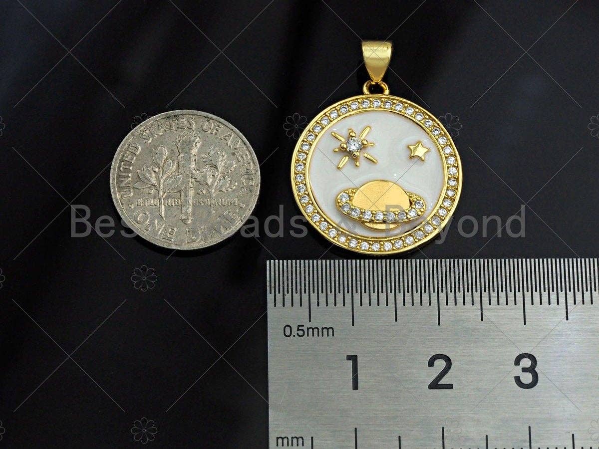 Enamel Earth Star On White Enamel charm, White Enamel Pendant, Enamel Round charm, Round Coin jewelery, 23mm,sku#LK57
