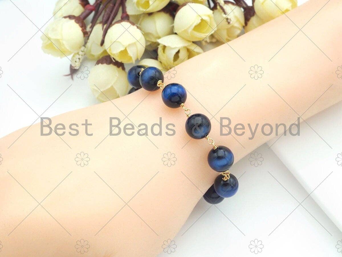 Green/Fuchsia/Navy Blue High Quality Tiger Eye Rosary Chain, 10mm Beaded Chain, Wire Wrapped Gold Chain,Sku#V86
