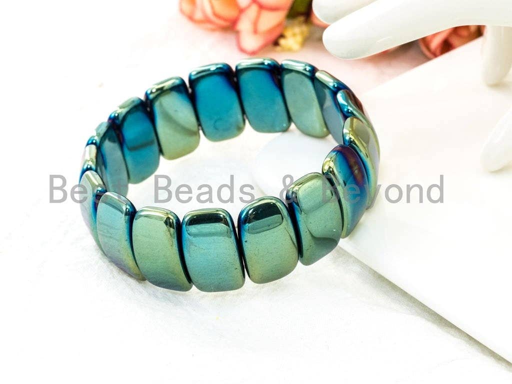 Green Blue Natural Hematite Stretch Bracelet, Titanium Plate