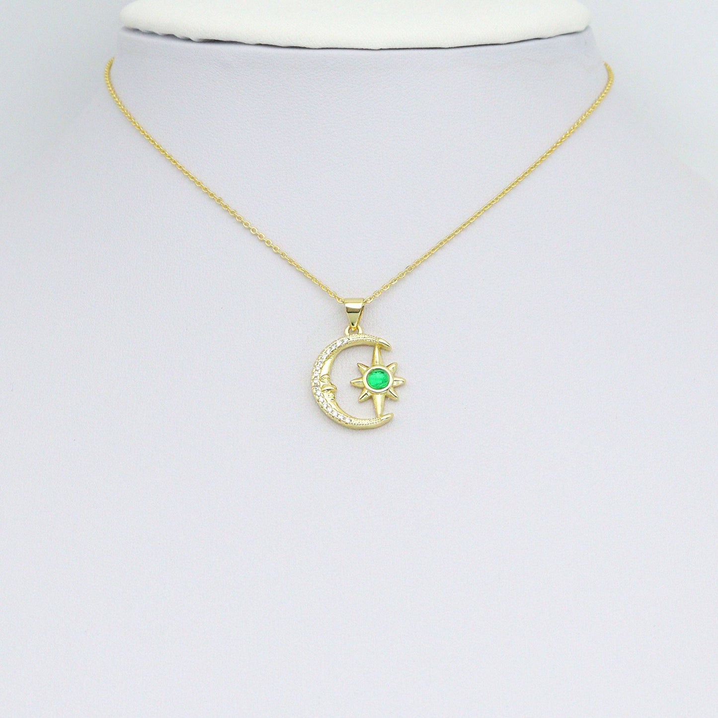 Green CZ Gold Cresent Moon North Star Charm Pendant, Sku#LK1085