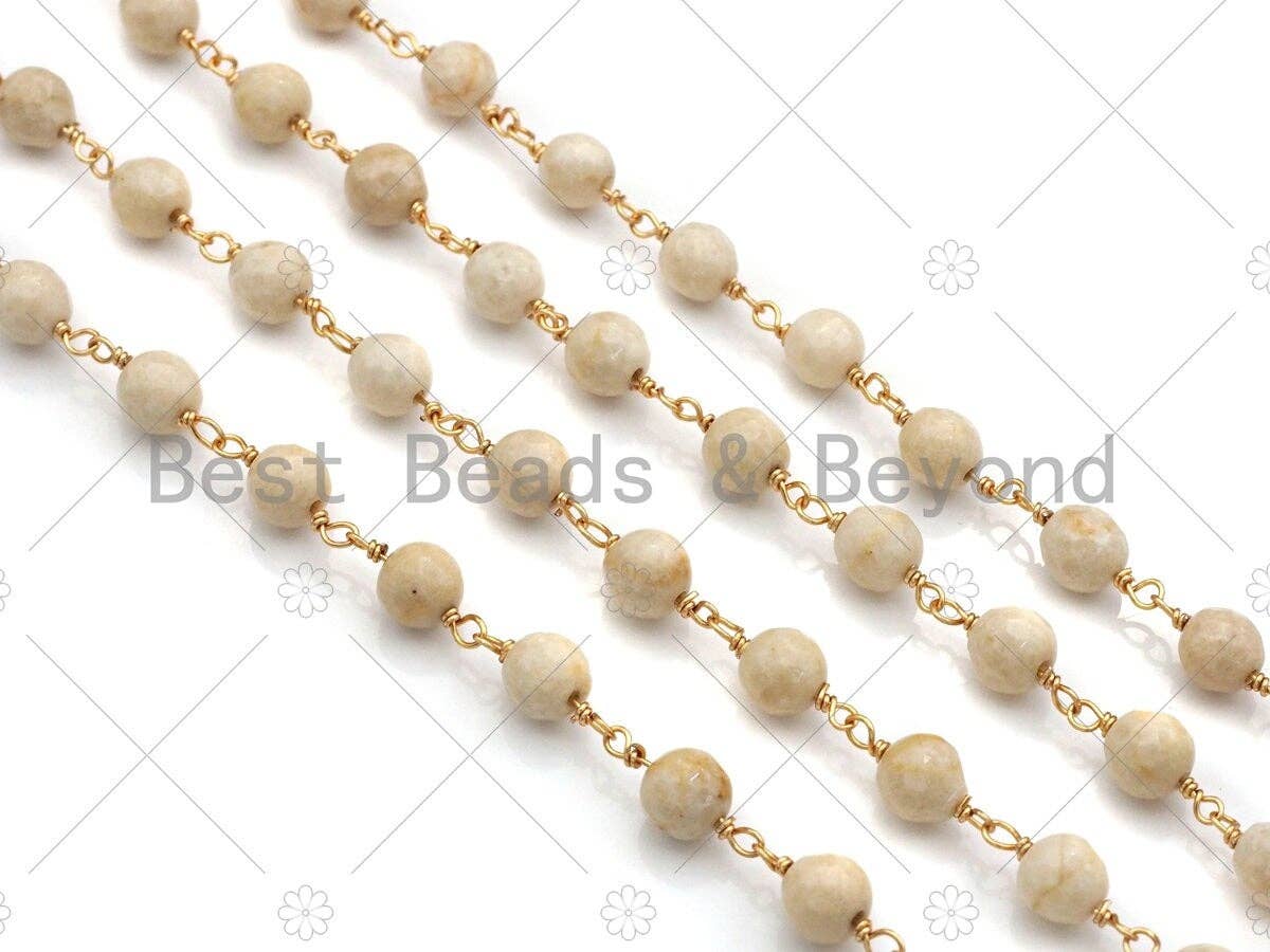 Natural Coral Rosary Chain, 6mm Whtie Coral Beaded Chain, Wire Wrapped Gold Chain, Necklace Bracelet Belly Glasses Wire Links Chain,Sku#V73