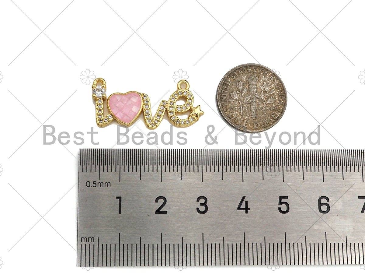 CZ Micro Pave Pink Mother of Pearl Heart On Love Shape Pendant, Cubic Zirconia Love Heart Pendant, Gold Tone pendant, 12x27mm, sku#LK176