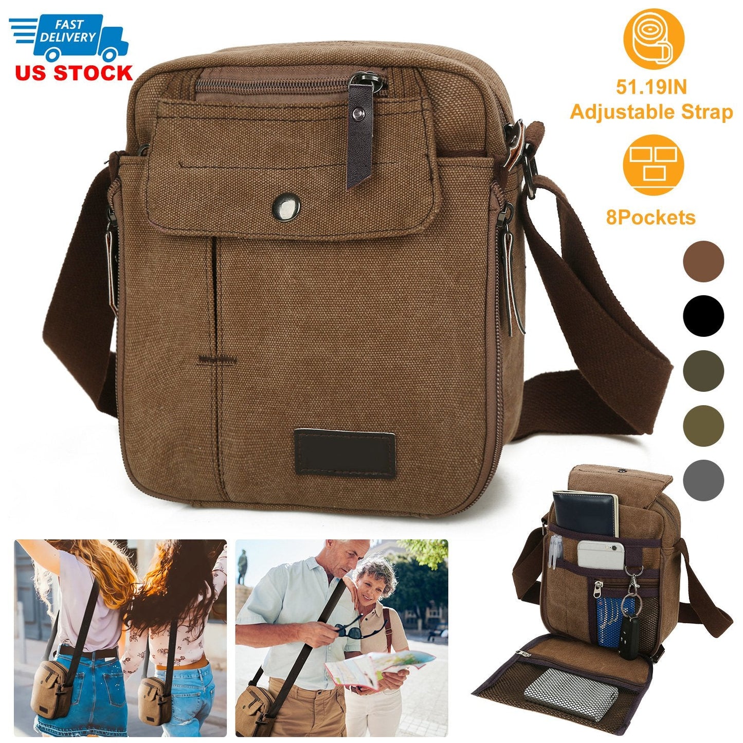 Crossbody Canvas Bag for Phone and Tablet Zipper Pockets