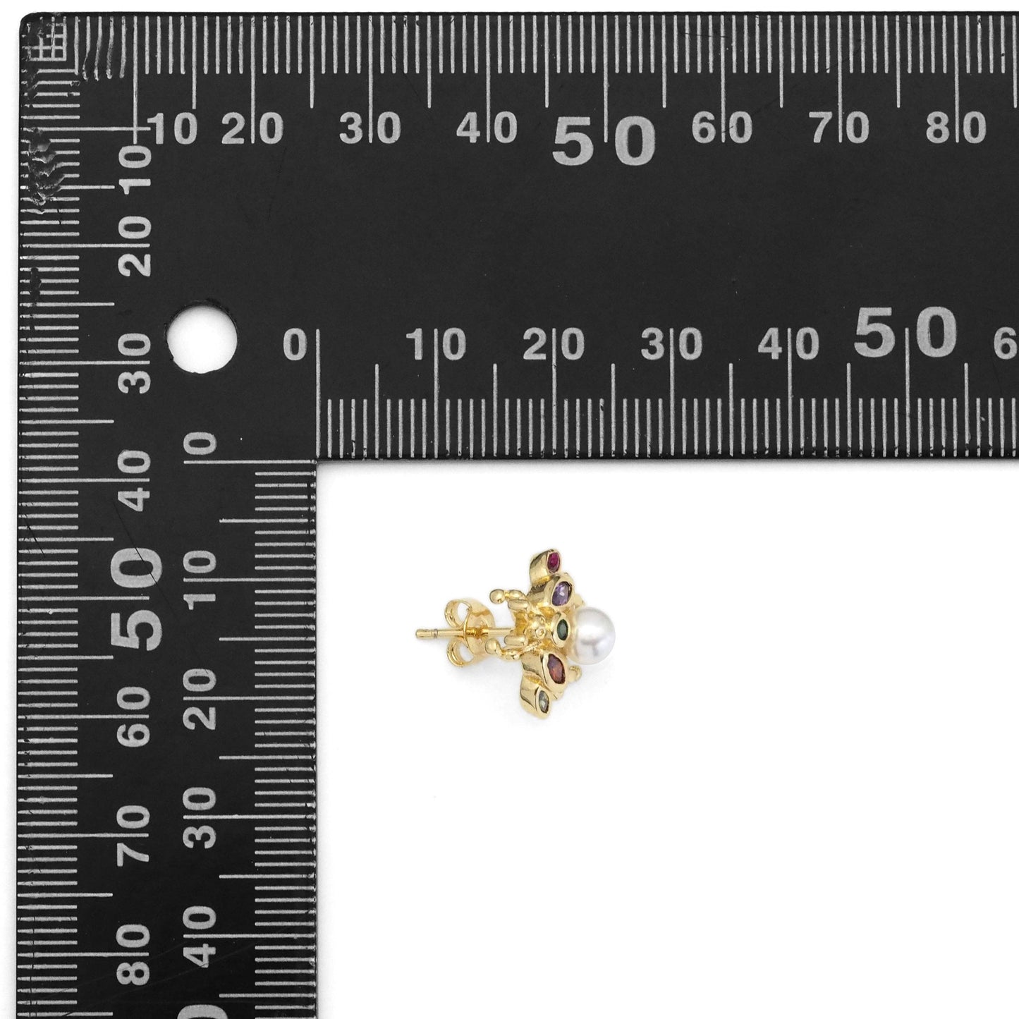 Multicolor CZ Pearl Bee Stud Earrings, Sku#LK863