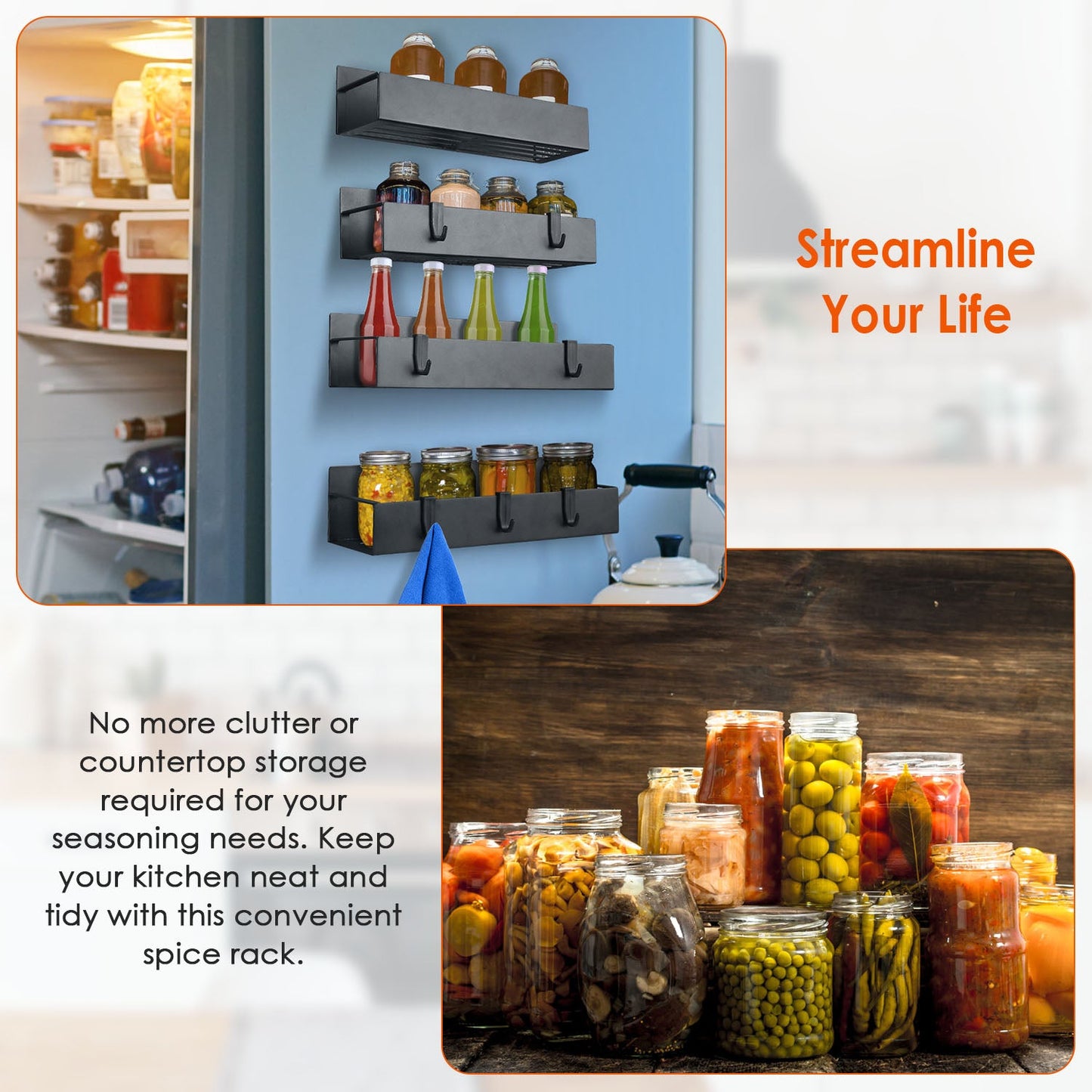 Magnetic Spice Rack with 8 Removable Hooks for Kitchen
