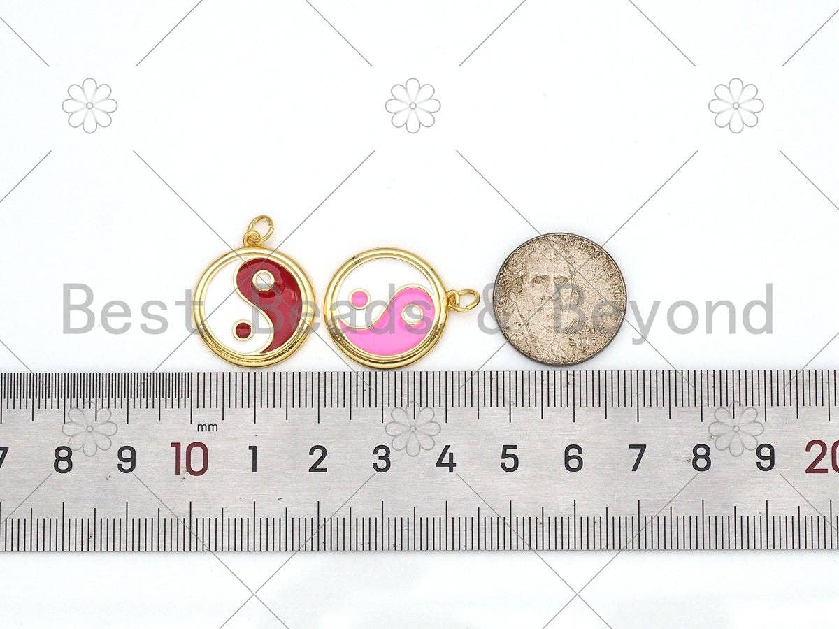 Colorful Enamel Yinyang Round Coin Pendant, 18K Gold Filled Enamel Tai Ji Pendant, Religious Necklace Bracelet Charm, 22x20mm,Sku#LK429