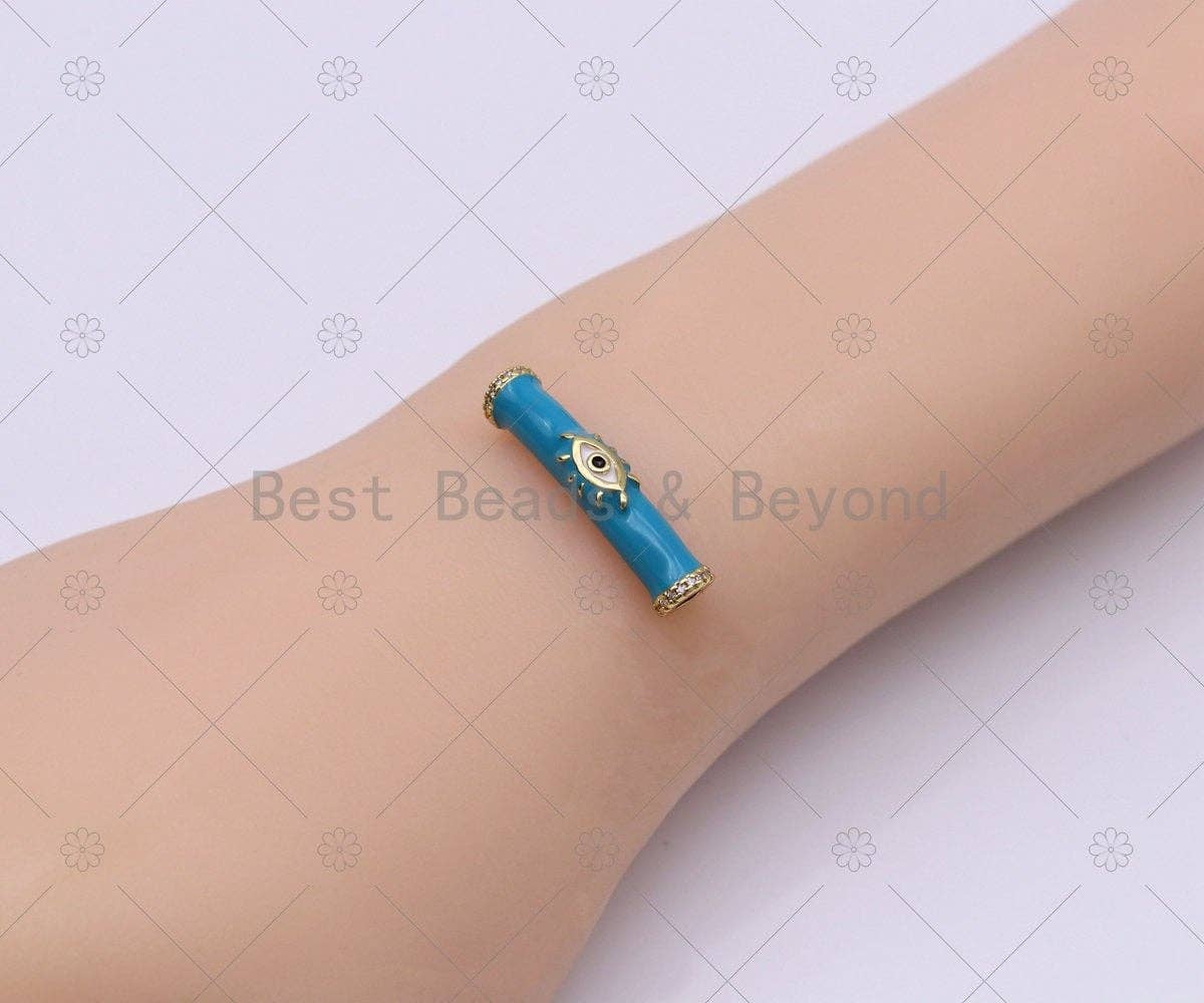 Enamel Colorful Long BarTube with Gold Evil Eye Shape Spacer, 18K Gold Filled CZ Large Hole Tube, Necklace Bracelet Pendant,Sku#LK502
