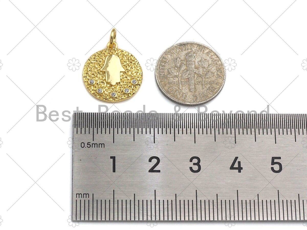 Hamsa Hand On Round Coin Shaped Pendant/Charm, Round Coin Cubic Zirconia Pendant Charm,15x17mm,sku#L301
