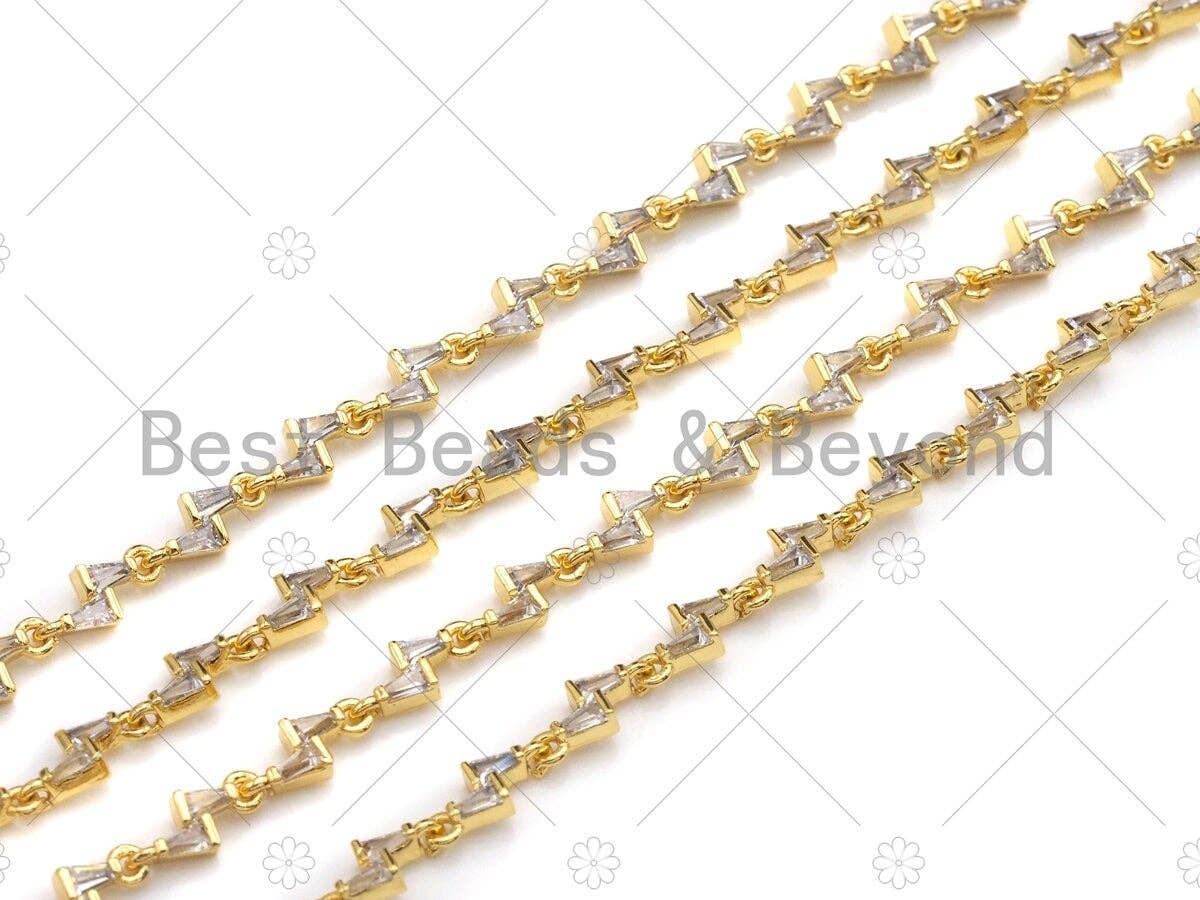 High Quality Hand Made Baguette CZ Lightning bolt Chain by Yard, 18K Real Gold Plated Chain, Wholesale bulk Chain, 5x10mm,sku#LK150