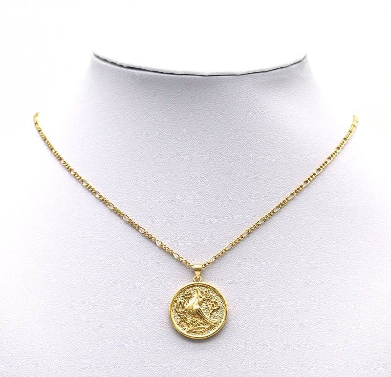 Gold Hamming Bird On Round Coin Charm, Sku#LK733