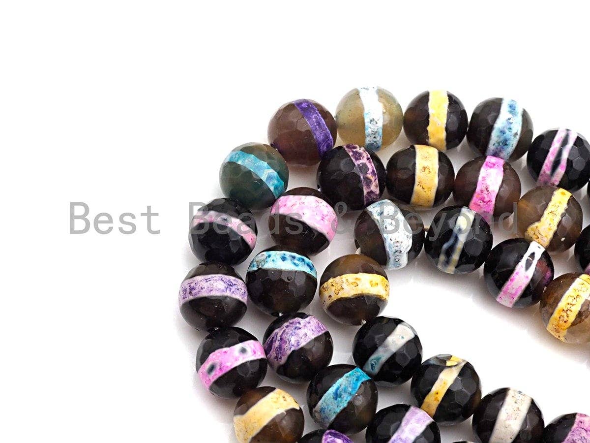 Dzi Agate faceted round beads with Rainbow line, 8mm/10mm/12mm/14mm, mixed color Tibetan beads, agate beads wholesale -15inch, sku#U628