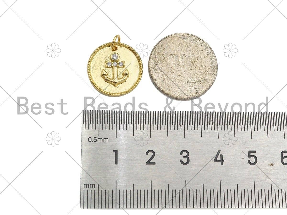 Gold Filled CZ Micro Pave Boat Anchor On Round Coin Shape Pendant, 18K Gold Filled Medallion Charm, Necklace Bracelet Charm,16mm,Sku#LK340