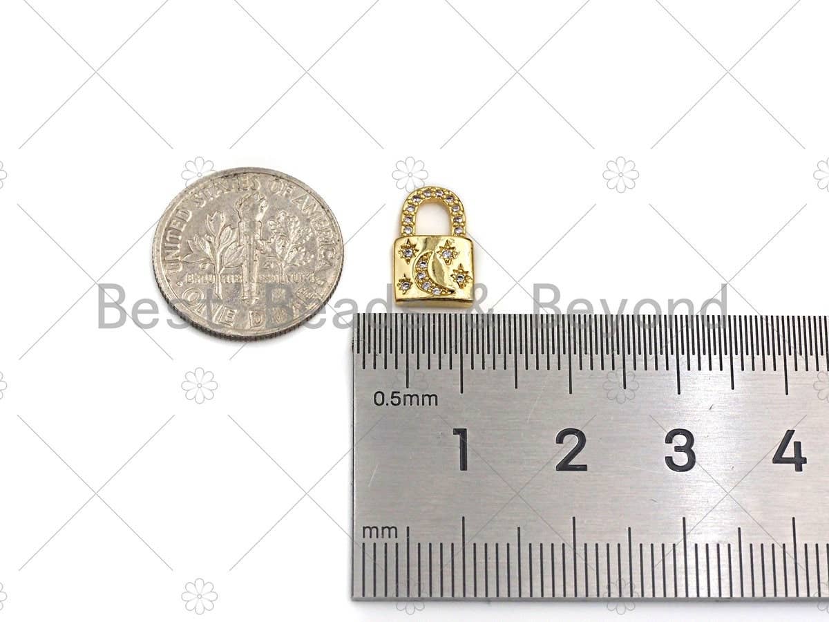 18K Dainty Gold Padlock with CZ Micro Pave Moon and Star, Padlock Charm, Lock Charm, 8x13mm, Sku#LK29