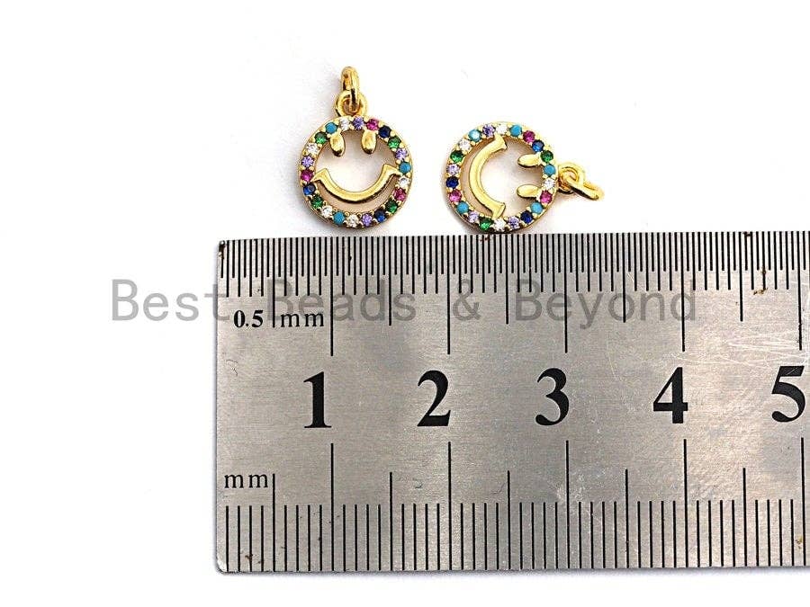 CZ Colorful Micro Pave Smiley Face Charm/Pendant, Round Face Shaped Pave Pendant, Gold plated, 10x12mm, Sku#F843