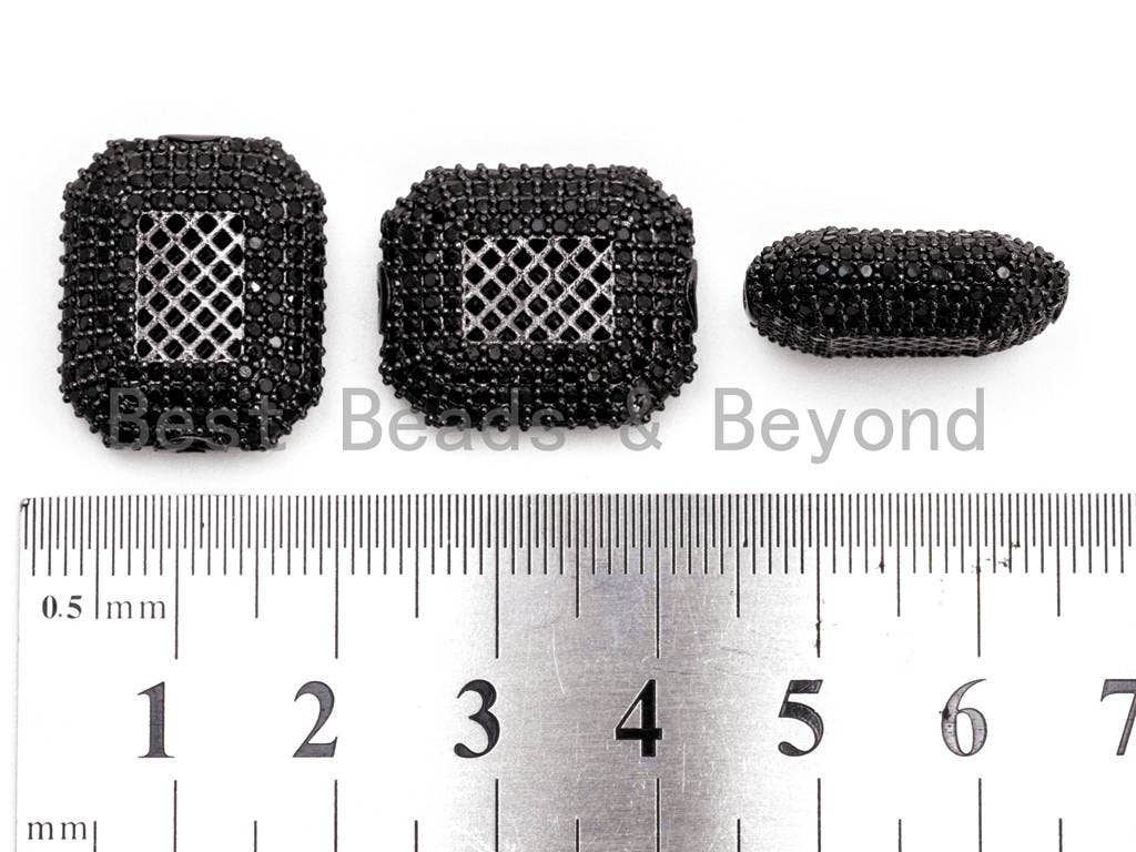 Black CZ Pave On Black Big Square Cushion Spacer Micro Pave Beads, Cubic Zirconia Space Beads, Men's Jewelry Findings, 17x20x7mm, SKU#G326