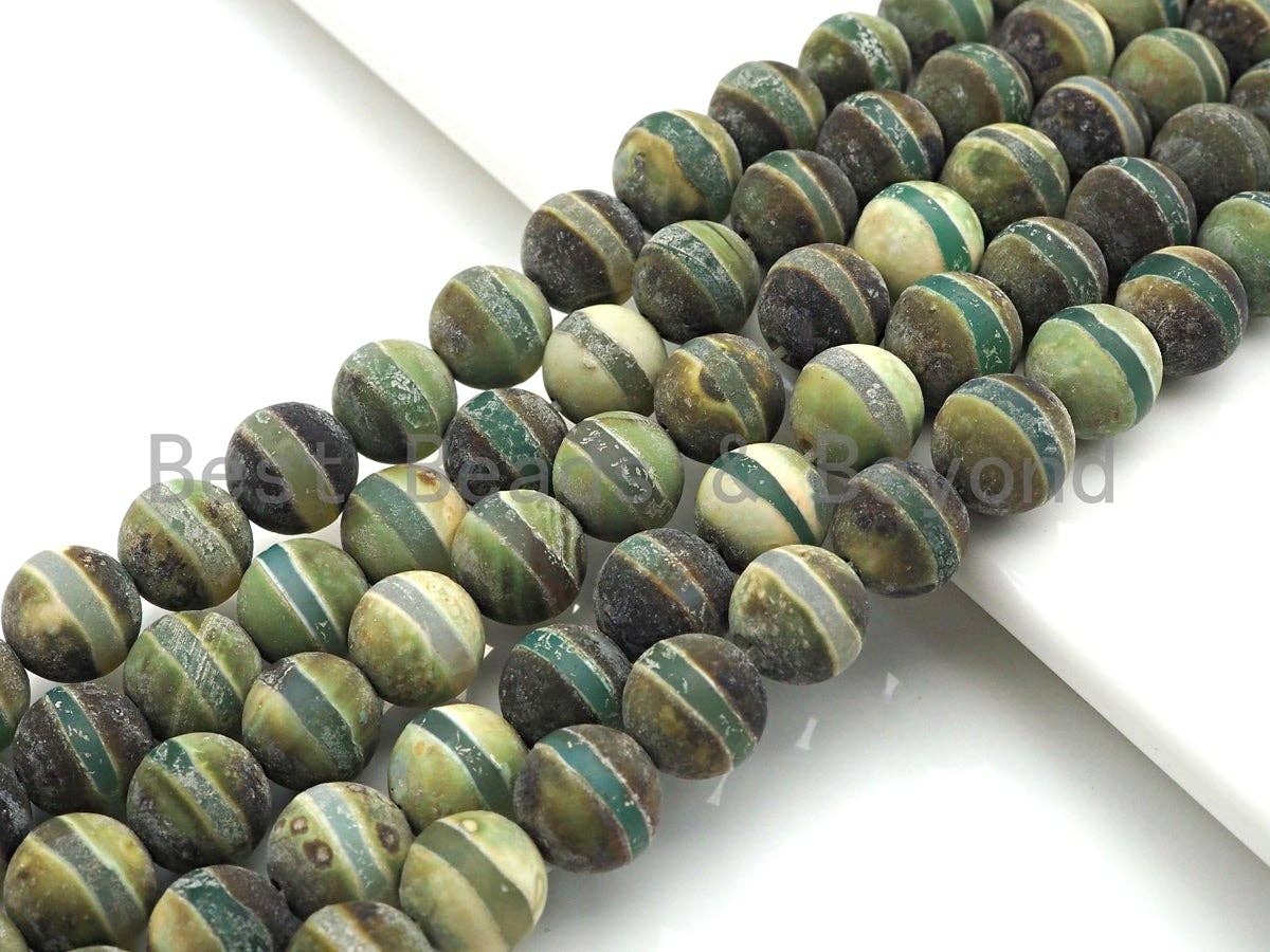 Green Matt Agate with One Line Round Smooth Beads, Sku#U929