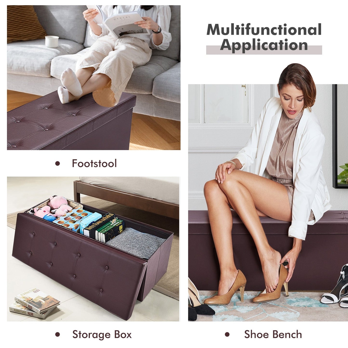 45 Inches Large Folding Ottoman Storage Seat - Brown