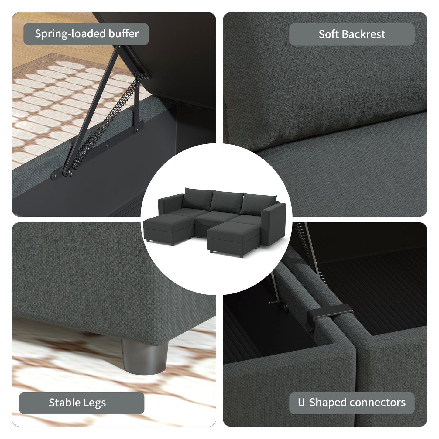 Ainfox Modular Sectional Sofa Couch with Storage Seat Sectional Couch Set 3 Seats +2 Ottomans
