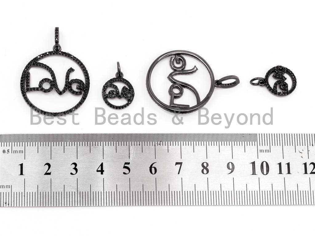 Black CZ Pave On Black Micro Pave Love Shaped Round Pendant,Cubic Zirconia Love Pave Pendant Beads, Pave Pendant, 27x30/12x15mm, SKU#F364