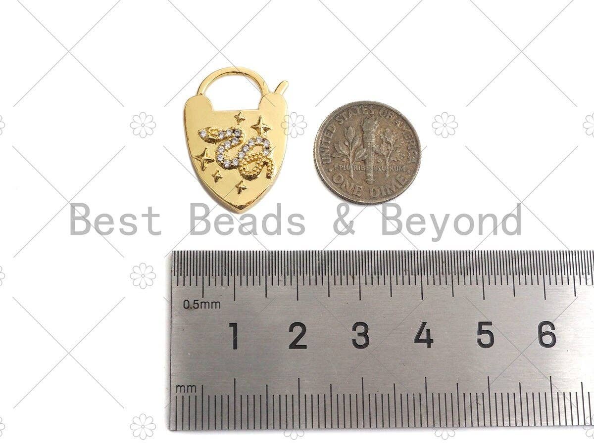 CZ Micro Pave Snake Padlock Heart Clasp Charms, Snake CZ On Padlock Clasp, Gold Charm Pendant, Padlock Necklace Charms, 17x27mm, Sku#K164