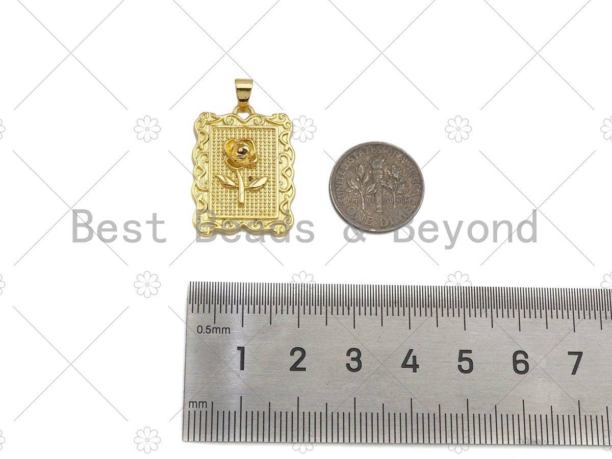 18K Dainty Gold Rose Flower Rectangle Charm, sku#LK231